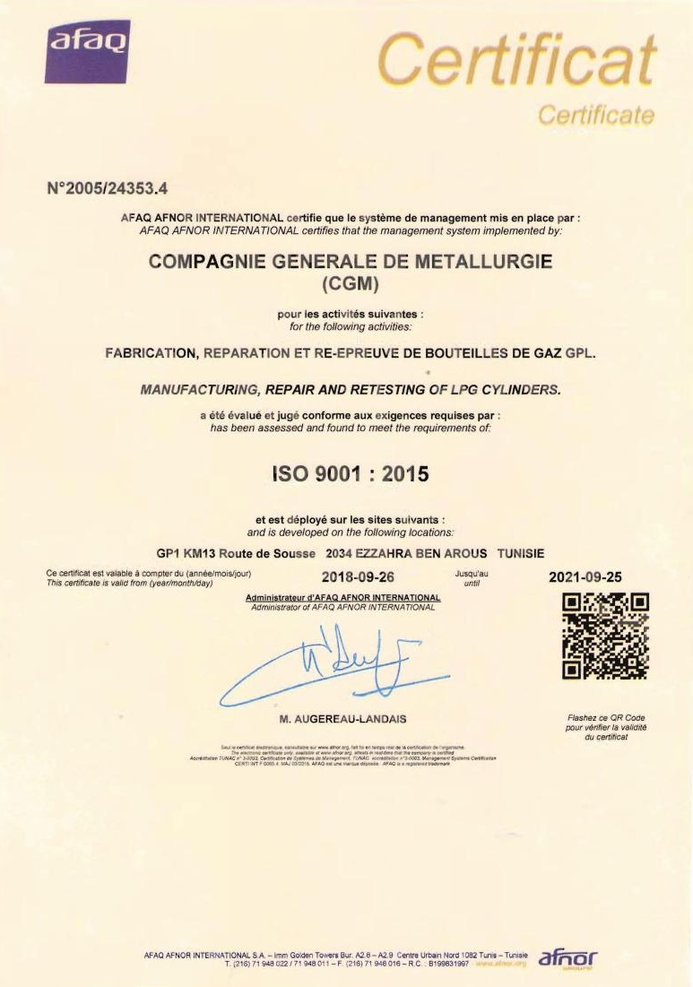 Certificat du fabrication, réparation et ré-épreuve de bouteilles de gaz GPL