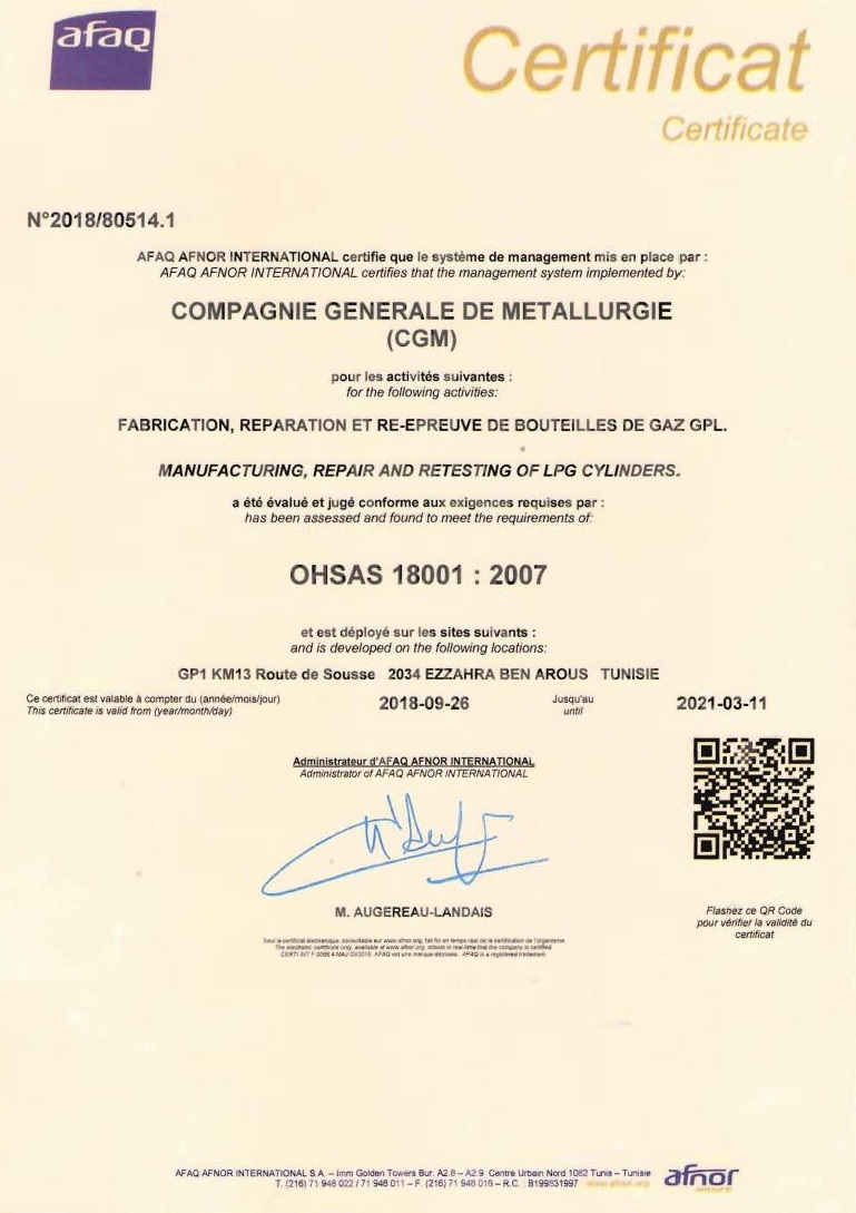 Certificat du fabrication, réparation et ré-épreuve de bouteilles de gaz GPL